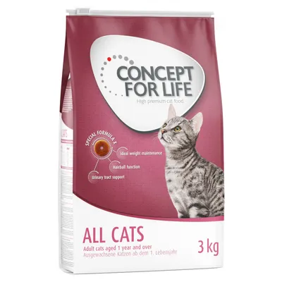 Concept for Life All Cats, sucha karma dla dorosłych kotów od 1. roku życia, 3 kg. Specjalna formuła: idealna waga, funkcja przeciw kulom włosowym, wsparcie dróg moczowych.