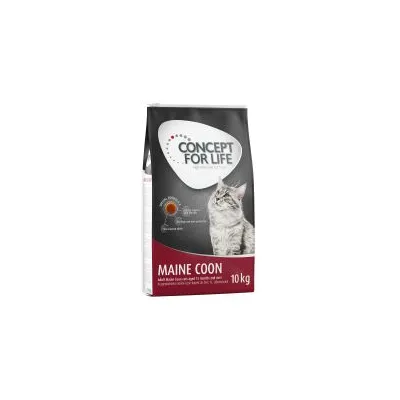 Sacco da 10 kg di Concept for Life Maine Coon per gatti, con immagine di un gatto Maine Coon e testo visibile: 'Adult', 'Special Formula', 'High premium cat food'.