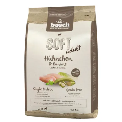 Bosch SOFT adult Huhnchen & Banane, comida para perros adultos con pollo y plátano, 2,5 kg. Single Protein, Grain Free, 60 % carne fresca de ave según el envase.