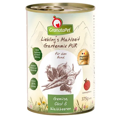 GranataPet Liebling's Mahlzeit Gartenmix PUR koiranruokapurkki, tekstit: Gemüse, Obst & Waldbeeren, 375g netto, valmistettu Saksassa, granaattiomenan kuva.
