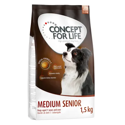 Concept for Life Medium Senior, 1,5 kg. Koirille 7. ikävuodesta alkaen. Ihannepainon ylläpito, edistää elinvoimaa, tukee munuaisten toimintaa.