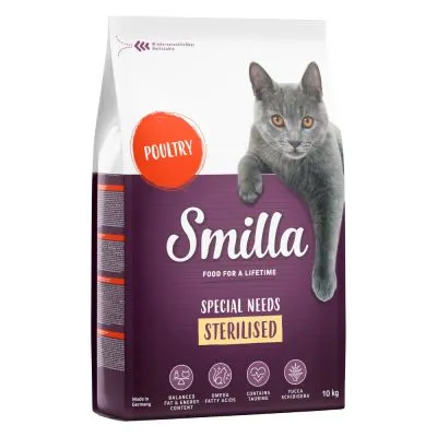 Sac de croquettes Smilla Special Needs Sterilised, volaille, 10 kg. Texte visible : FOOD FOR A LIFETIME, BALANCES FAT & ENERGY CONTENT, OMEGA FATTY ACIDS, CONTAINS TAURINE, PUCCA SCHONDAU.