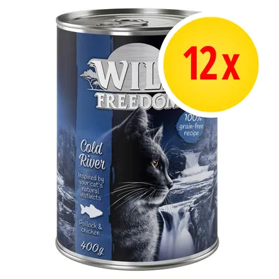 Wild Freedom Cold River natvoer, 12 x 400 g blikken. Tekst: 100% grain-free recipe, Pollock & chicken, Inspired by your cat's natural instincts.