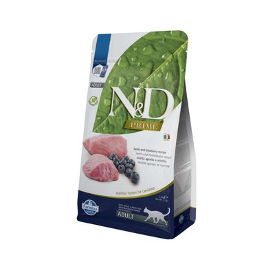 N&D Prime Adult krmivo pre mačky, jahňacie a čučoriedka recept, 1,5 kg, Nutrition System for Carnivores, značka Farmina, vhodné pre dospelé mačky.