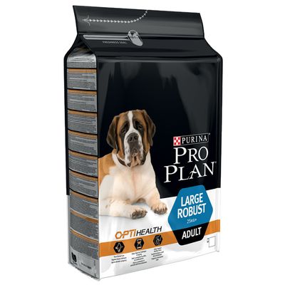 Purina Pro Plan Large Robust 25 kg+ Adult, slika embalaže s psom, oznake OptiHealth in piktogrami za nego zob, prebavo in sklepe. Vidno besedilo: ADULT.