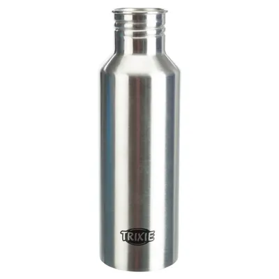 Trixie Edelstahl-Trinkflasche, silberfarben, zylindrische Form.
