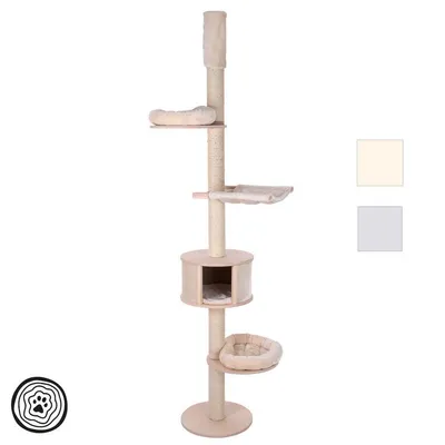 Tiragraffi alto con base rotonda, colonna rivestita in sisal, tre lettini imbottiti, amaca e cuccia cilindrica chiusa. Due opzioni colore visibili: beige e grigio chiaro.
