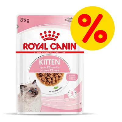 Royal Canin Kitten Nassfutter, 85g, für Katzen bis zu 12 Monaten. Ohne Konservierungsstoffe, in Soße. Gelbes Prozentzeichen für Rabattaktion sichtbar. Royal Canin Kitten Nassfutter, 85g, für Katzen bis zu 12 Monaten. Ohne Konservierungsstoffe, in Soße. Gelbes Prozentzeichen für Rabattaktion sichtbar.