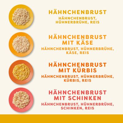 Vier Varianten von Hähnchenbrust: pur, mit Käse, mit Kürbis und mit Schinken. Zutaten: Hähnchenbrust, Hühnerbrühe, Reis sowie jeweilige Zusatzzutaten.
