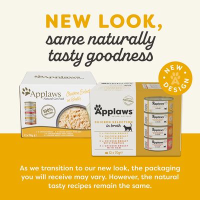 Applaws Natural Cat Food Chicken Selection in Broth, 12 x 70 g. Tekst: New look, same naturally tasty goodness. New design. Emballage kan variere, opskrifter forbliver de samme.