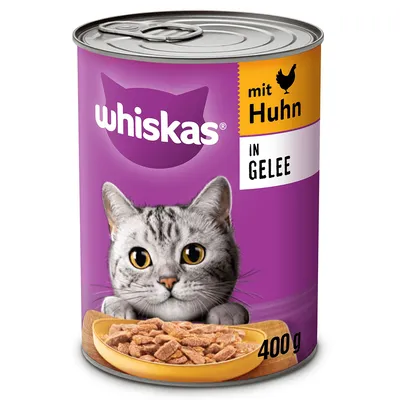 Boîte Whiskas 400 g, texte visible : mit Huhn in Gelee, image d’un chat gris et d’une assiette de bouchées en gelée. Texte en allemand. Boîte Whiskas 400 g, texte visible : mit Huhn in Gelee, image d’un chat gris et d’une assiette de bouchées en gelée. Texte en allemand.