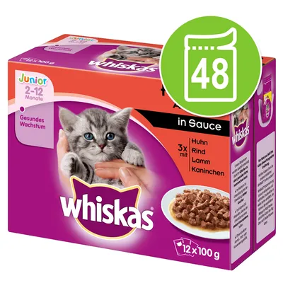Whiskas Junior 2–12 Monate, 48 vrećica, 12×100 g, okusi: piletina, govedina, janjetina, kunić. Tekst na njemačkom jeziku: Gesundes Wachstum. Whiskas Junior 2–12 Monate, 48 vrećica, 12×100 g, okusi: piletina, govedina, janjetina, kunić. Tekst na njemačkom jeziku: Gesundes Wachstum.