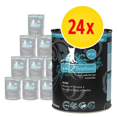 catz finefood N°113 Schaf våtfoder, 24-pack. Text på burken: naturligt gut, mmmmiau, Mutton, Mouton, Pecora, Oveja, Ovelha. Symboler för köttandel och utan tillsatt socker.