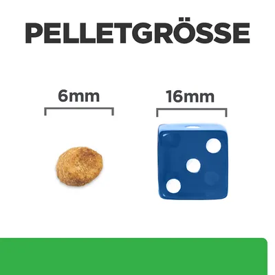Pelletgrösse dargestellt: 6mm Pellet neben einem blauen Würfel mit 16mm Kantenlänge.