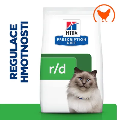 Hill's Prescription Diet r/d, regulace hmotnosti, balení s obrázkem kočky a symbolem kuřete v pravém horním rohu