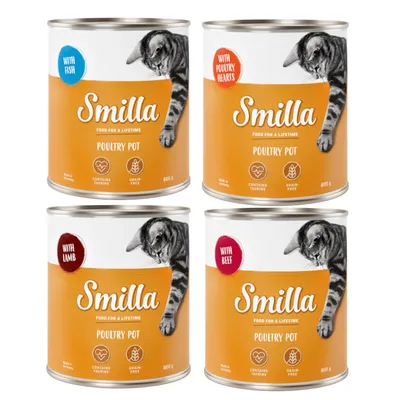 Quatre boîtes Smilla Poultry Pot 800 g pour chat, variantes visibles : with fish, with poultry hearts, with lamb, with beef. Texte visible : contains taurine, grain-free.