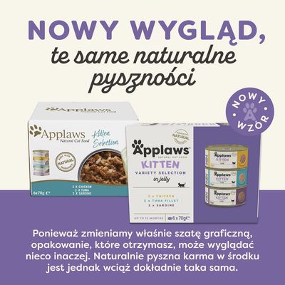 Nowy wygląd, te same naturalne pyszności. Applaws Kitten Selection – zmiana szaty graficznej opakowania, zawartość pozostaje bez zmian. Nowy wzór.