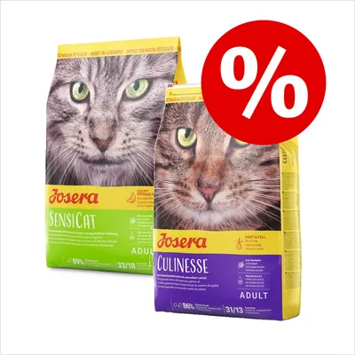 Josera Sensicat und Culinesse Katzenfutter für Erwachsene. Sensicat: leicht verdaulich, Culinesse: Haut & Fell. Beide mit Rabatt gekennzeichnet.