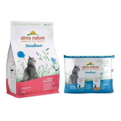 Almo Nature Holistic 2 kg + 6 x 70 g konzervy za skvelú cenu - Holistic Sterilised Salmon & Rice 2 kg + Sterilised Mix: 6 x 70 g s kuraťom & s treskou Almo Nature Holistic 2 kg + 6 x 70 g konzervy za skvelú cenu - Holistic Sterilised Salmon & Rice 2 kg + Sterilised Mix: 6 x 70 g s kuraťom & s treskou