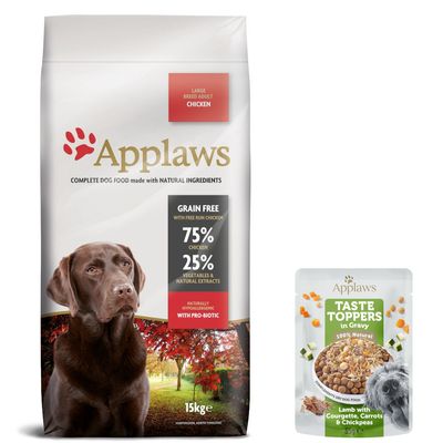 Applaws Hundefutter für grosse Rassen, Geschmacksrichtung Huhn. Getreidefrei, 75% Huhn, 25% Gemüse und natürliche Extrakte. Hypoallergen mit aktivem Probiotikum. Packungsgrösse: 7,5kg.