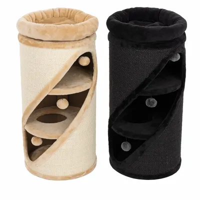 Zwei Kratzsäulen mit Höhlen und Spielbällen, eine in Beige und eine in Schwarz, jeweils mit gepolsterten Liegeflächen oben.