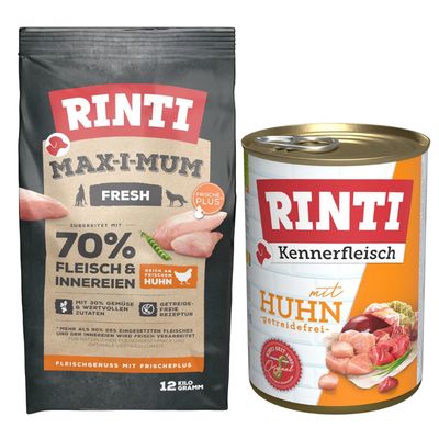 RINTI Kombi-Paket: 12 kg Max-i-mum + 12 x 400 g Kennerfleisch Huhn: 12 kg Max-i-mum + 12 x 400 g Kennerfleisch