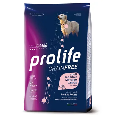 Prolife Grainfree Adult Sensitive Medium Large (11-44kg), proteina animale singola, senza glutine, ingredienti limitati, ricco di maiale fresco e patate. Prodotto in Italia.