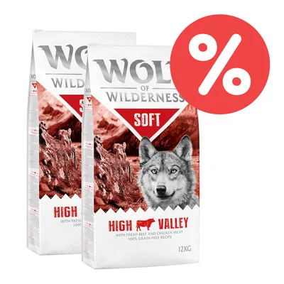 Wolf of Wilderness Soft High Valley, mit frischem Rind- und Hühnerfleisch, 100% getreidefreie Rezeptur, 12 kg. Prozent-Symbol für Rabatt.