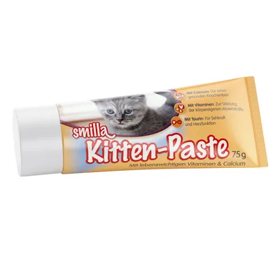 Tubo di Smilla Kitten-Paste 75g con immagine di un gattino, testo: con vitamine essenziali, calcio e taurina. Indicazioni in tedesco su benefici per ossa, difese e cuore.