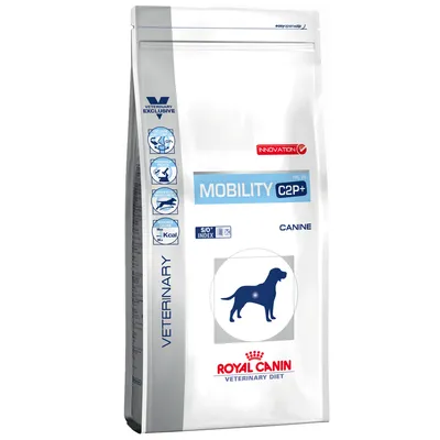 Royal Canin Veterinary Diet Mobility C2P+ til hunde. S/O Index, Innovation MC25, kun til dyrlæger. Emballage med hundesymbol og produktoplysninger.