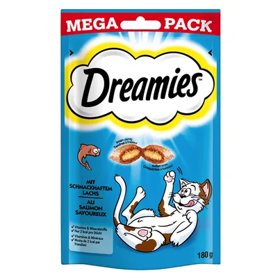 Dreamies Mega Pack maukkaalla lohella, rapea ulkoa ja pehmeä sisältä. Vitamiineja ja kivennäisaineita, vain 2 kcal/kpl. Sisältö: 180 g.