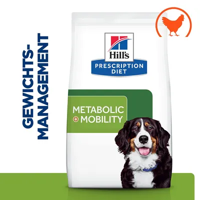 Hill's Prescription Diet Metabolic + Mobility Hundefutter für Gewichtsmanagement mit Huhn. Verpackung zeigt Hund und Huhn-Symbol.