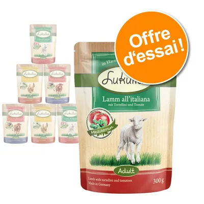 Sachets Lukullus Lamm all’italiana, Adult, 300 g, offre d’essai. Texte visible en allemand et anglais : Lamb with tortellini and tomatoes, Made in Germany. Sachets Lukullus Lamm all’italiana, Adult, 300 g, offre d’essai. Texte visible en allemand et anglais : Lamb with tortellini and tomatoes, Made in Germany.