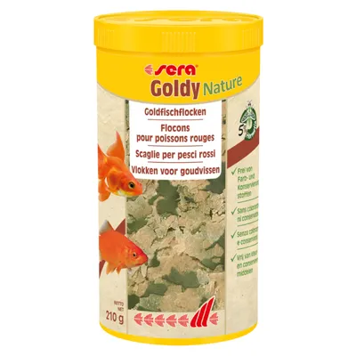 Sera Goldy Nature guldfiskeflager, 210 g. Fri for farve- og konserveringsstoffer. Velegnet til guldfisk. Flersproget beskrivelse: tysk, fransk, italiensk, nederlandsk.