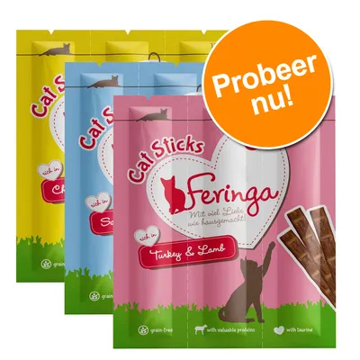 Feringa Cat Sticks, zichtbare smaken: Turkey & Lamb, Salmon, Cheese. Tekst op oranje cirkel: Probeer nu! Verpakking toont graanvrij, met waardevolle eiwitten en taurine.