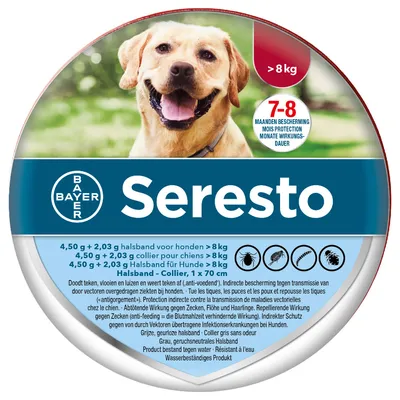 Bayer Seresto halsband voor honden boven 8 kg, 7–8 maanden bescherming. 4,50 g + 2,03 g, 1 x 70 cm. Bescherming tegen teken, vlooien en luizen. Waterbestendig product.