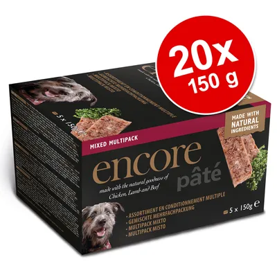 Encore pâté mixed multipack, 20 x 150 g. Made with natural ingredients. Assortiment med kylling, lam og oksekød. Billede af hund og paté på pakken.