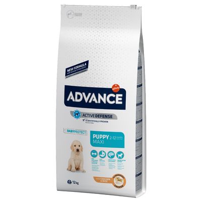 Advance Puppy Maxi 2–12 months, Active Defense, BabyProtect Formula, with Chicken & Rice, 12 kg. Kuvassa vaalea pentukoira pakkauksessa.