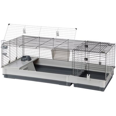 Gaiola retangular para pequenos animais com base em plástico cinzento, grades metálicas, comedouro e compartimento lateral separado visíveis.