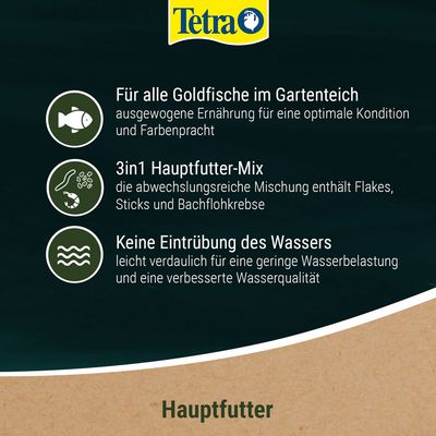 Tetra Hauptfutter für Goldfische: ausgewogene Ernährung, 3in1 Mix mit Flakes, Sticks und Bachflohkrebse, keine Eintrübung des Wassers für bessere Wasserqualität.