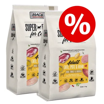 Lot de 2 sacs MAC's Super Food for Cats Adult, Ente, Pute & Huhn, 7 kg chacun. Texte visible : Duck, Turkey & Chicken. Signe pourcentage rouge indiquant une offre ou promotion.