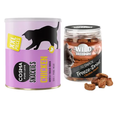 Kombi-Paket: Wild Freedom RAW - gefriergetrocknete Snacks + Cosma Snackies XXL Maxi Tube - RAW Hühnerherzen (3 x 45 g) + Snackies XXL Hühnchen (200 g)