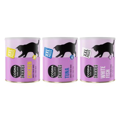 COSMA PURE LOVE Snackies Chicken XXL Pieces, gently freeze-dried, 100% pure meat. Angebotssymbol mit Prozentzeichen sichtbar.
