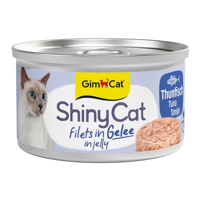 GimCat ShinyCat in Jelly tuńczyk. Jakość premium, bez glutenu, bez dodatku cukru. Złota puszka z motywem kota i szczegółami produktu.