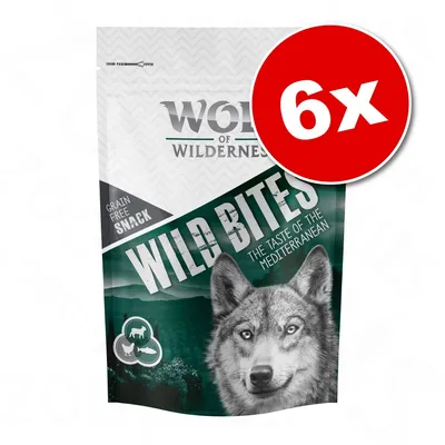 Wolf of Wilderness Wild Bites, The Taste of the Mediterranean, grain free snack, lot de 6x visible sur l’emballage