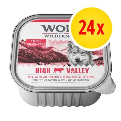 Wolf of Wilderness High Valley, 100% grain-free, rund met bosbessen, wortels en wilde kruiden. Verpakking van 24 stuks.