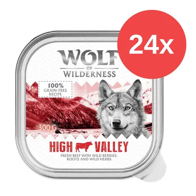 Wolf of Wilderness High Valley, 300g, 100% getreidefreie Rezeptur mit frischem Rind, Wildbeeren, Wurzeln und Wildkräutern. Packungseinheit: 24x.