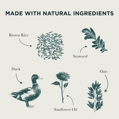 Made with natural ingredients: brown rice, seaweed, duck, sunflower oil, and oats. English text and illustrations of the ingredients visible.