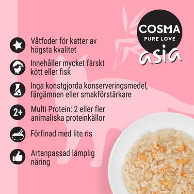 COSMA Pure Love asia. Våtfoder för katter, mycket färskt kött eller fisk, inga konstgjorda tillsatser, 2+ animaliska protein, lite ris, artanpassad näring.