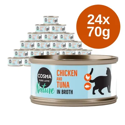 Cosma Pure Love Nature in Broth Chicken and Tuna macskaeledel, 24×70 g konzerv csomagolásban, dobozon fekete macska sziluett és angol feliratok láthatók.